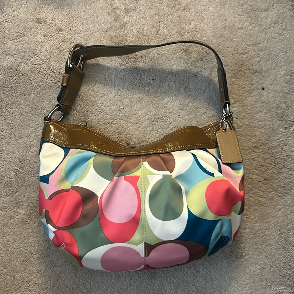 Coach signature silk and leather handbag